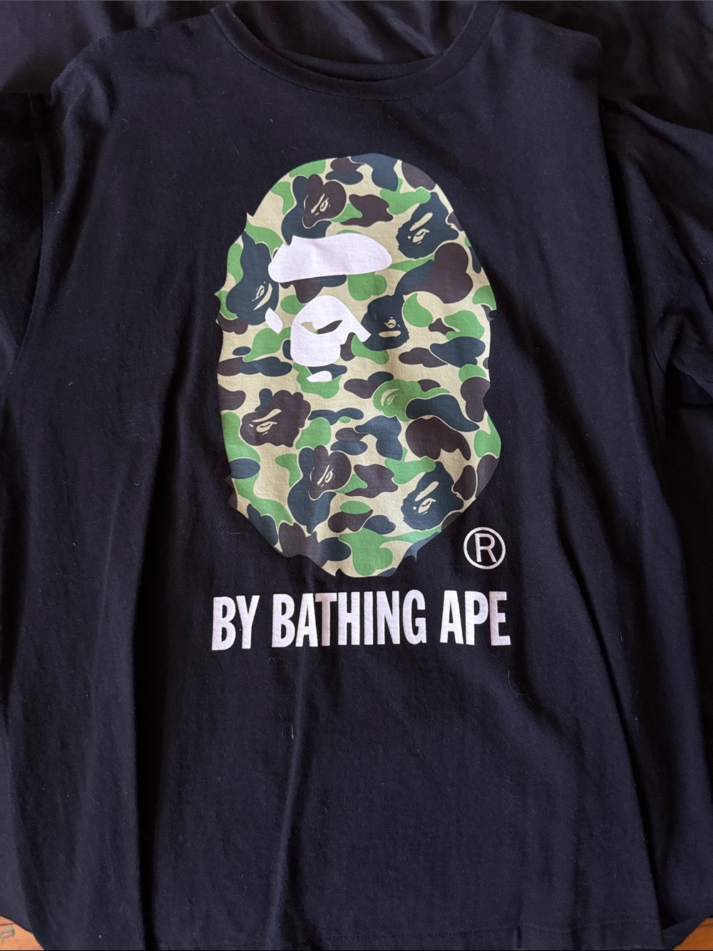 Bape Black Long Sleeve Tee with Green Camo Ape Head Graphic